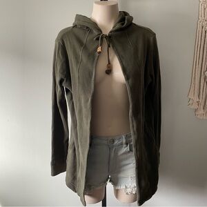 Tentree 100% Organic Cotton Hooded Waffle Knit Cardigan Jacket Open Front Green